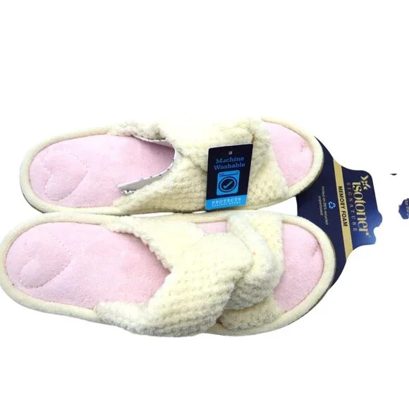 Isotoner Popcorn ECO Microterry Slide Slippers with Memory Foam, Ivory, XL - Picture 3 of 9